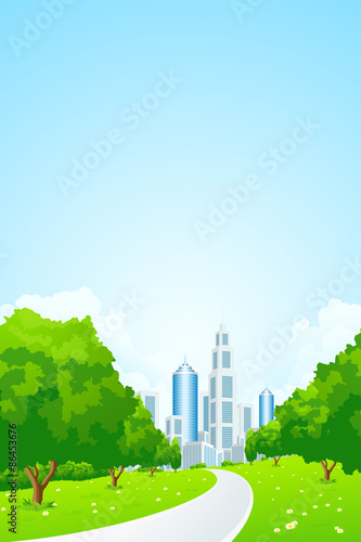 City Landscape with Green Trees
