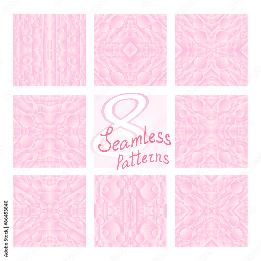 Fototapeta 8 Pink Vector Seamless Patterns. Fond pink and white colors. Endless texture can be used for printing onto fabric and paper or invitation. Abstract geometric shapes.