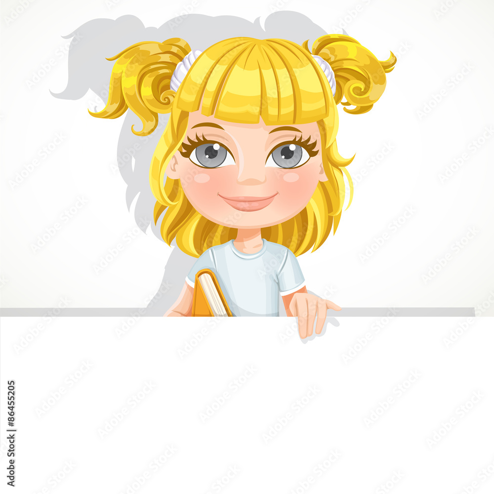 Cute little blond girl with textbook hold big white banner Cute little blond girl with textbook hold big white banner