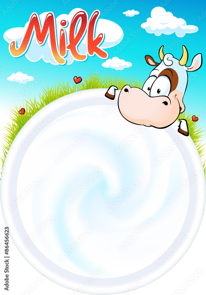Fototapeta premium funny design with cute cow is looking into a cup of milk - vector