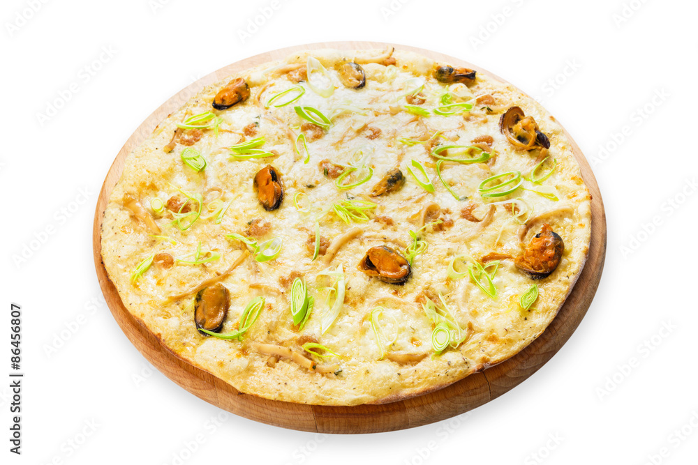 Delicious seafood pizza with olives Delicious seafood pizza with olives