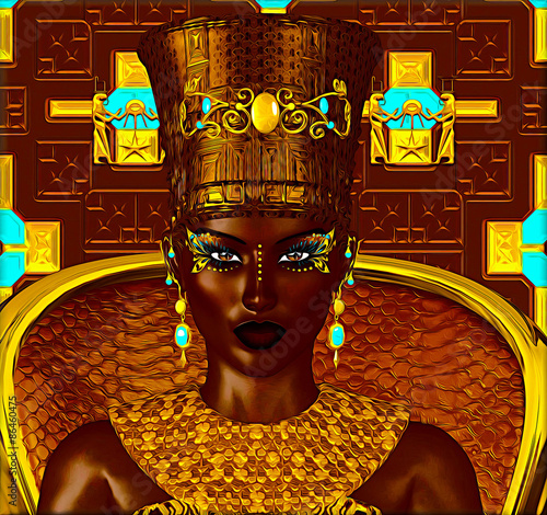 Black Egyptian princess in our modern digital art style, close up. The beauty, power and wealth of Egypt are captured in this Egyptian digital art fantasy image against a colorful abstract background