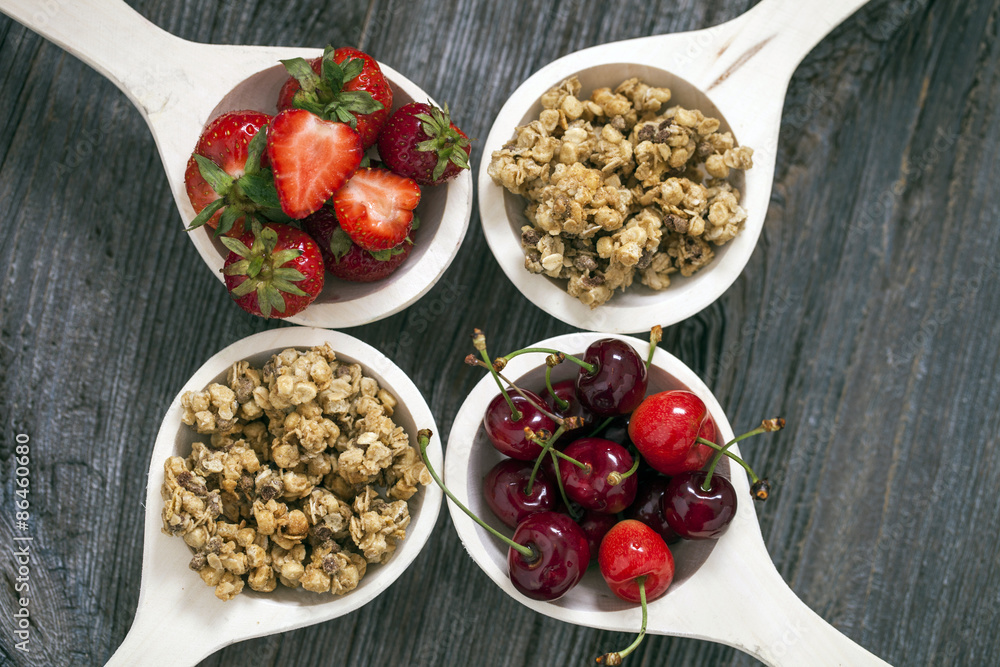 Tasty breakfast. Strawberries, cherries and cereal Tasty breakfast. Strawberries, cherries and cereal