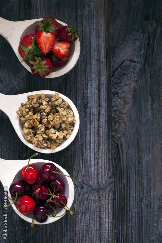 Tasty breakfast. Strawberries, cherries and cereal Tasty breakfast. Strawberries, cherries and cereal