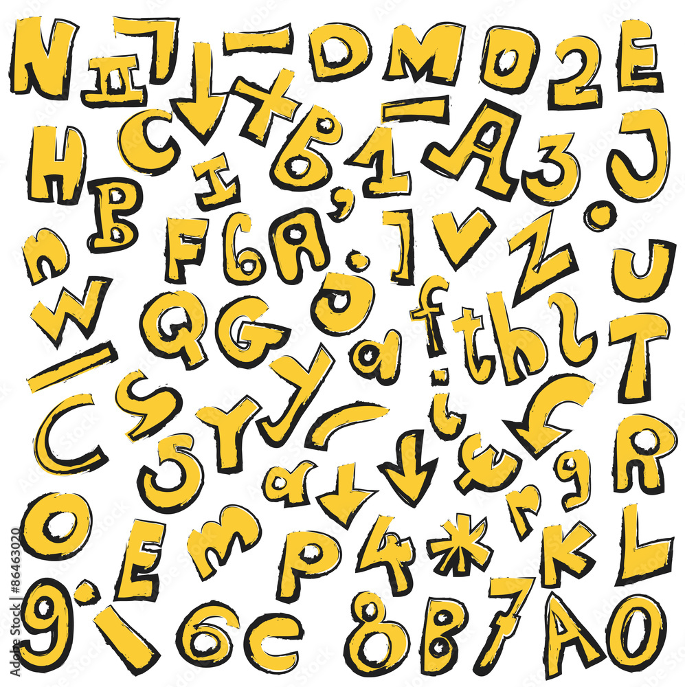 doodle english letters and numbers, alphabets, background, texture, pattern