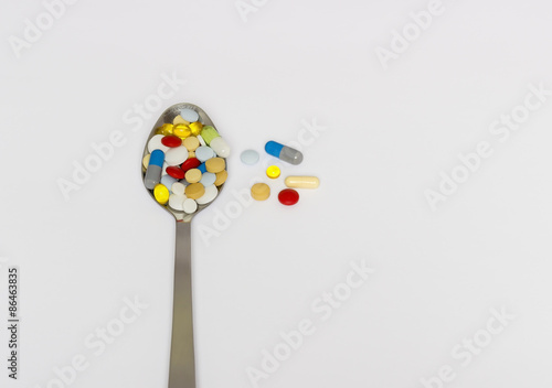 medication Abuse, Medicine, Pills, Capsule.
A spoon full of pills.