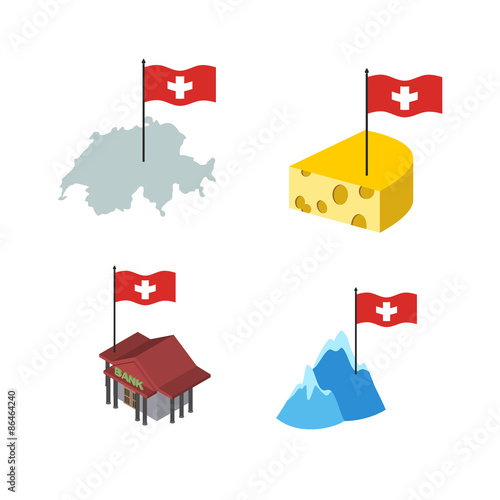 Set  icons Switzerland. Map and cheese, Bank and Alps. Vector il
