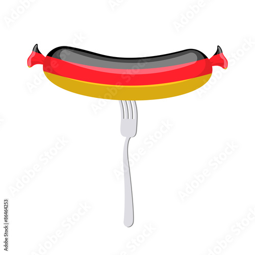 Germany banger. Sausage on a fork. Traditional delicacy in color