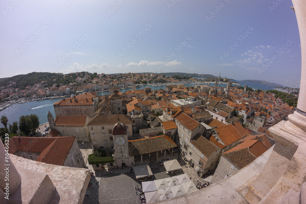 Aerial view of historic town and harbour on the Adriatic coast Trogir in Croatia.