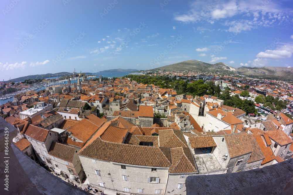 Aerial view of historic town and harbour on the Adriatic coast Trogir in Croatia.