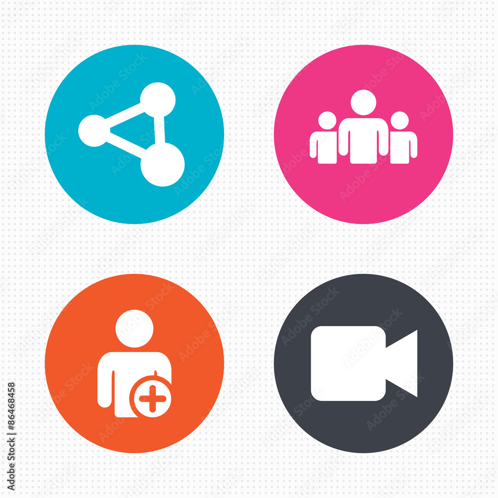 Group of people and share icons. Video camera. Group of people and share icons. Video camera.