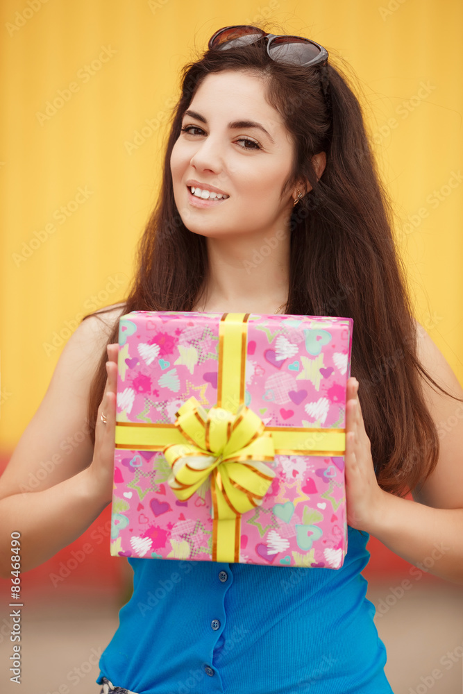 Happy woman with gift boxes birthday gift girl Happy woman with gift boxes birthday gift girl