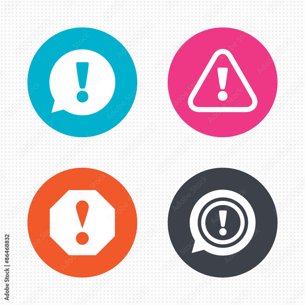 Attention icons. Exclamation speech bubble. Attention icons. Exclamation speech bubble.