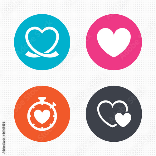 Heart ribbon icon. Timer stopwatch symbol.