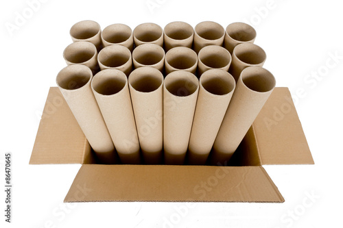 cylinder paper tube with brown carton box, isolated on white