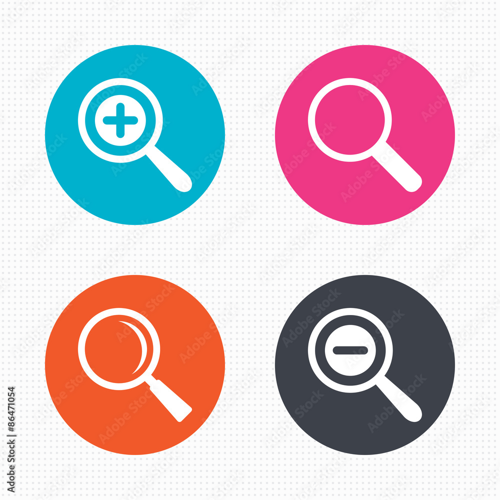 Magnifier glass icons. Plus and minus zoom tool. Magnifier glass icons. Plus and minus zoom tool.
