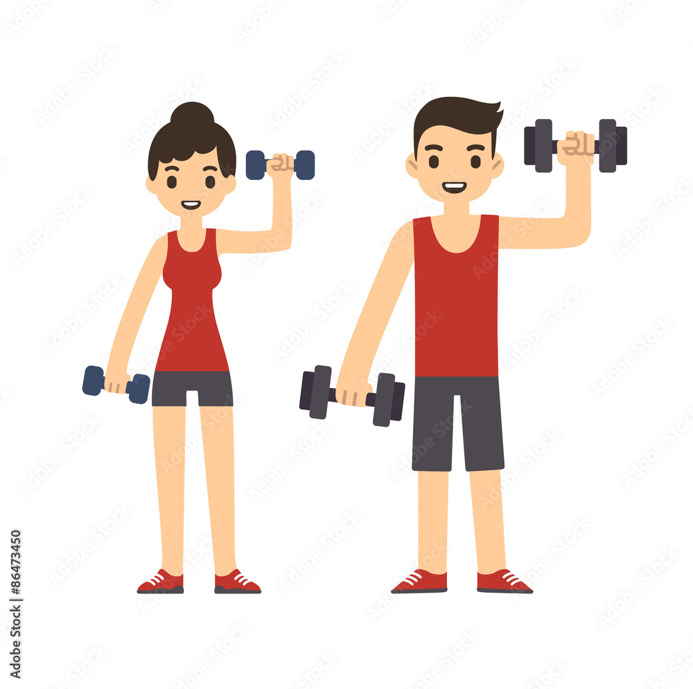 Cute cartoon style couple with dumbbells isolated on white background. Modern minimalistic flat vector style. Cute cartoon style couple with dumbbells isolated on white background. Modern minimalistic flat vector style.