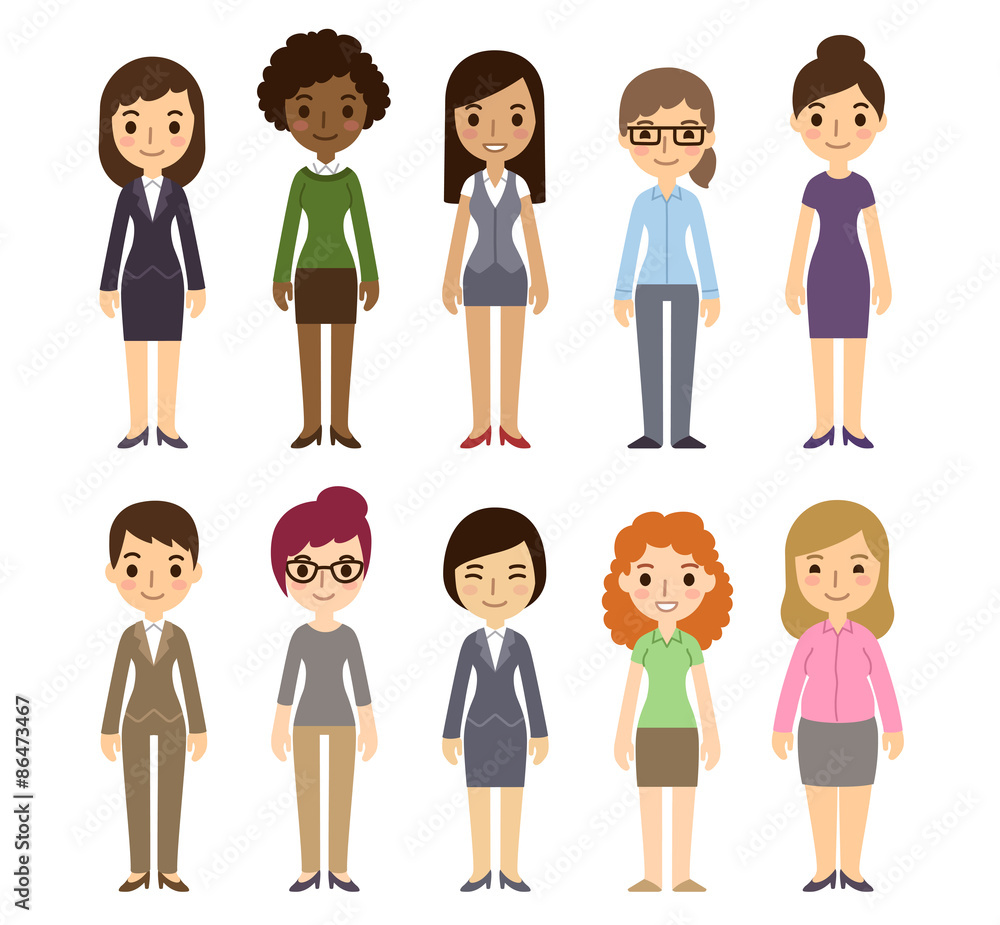 Set of diverse businesswomen isolated on white background. Different nationalities and dress styles. Cute and simple flat cartoon style. Set of diverse businesswomen isolated on white background. Different nationalities and dress styles. Cute and simple flat cartoon style.