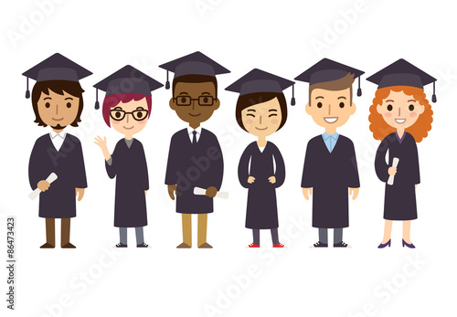 Set of diverse college or university graduation students with diplomas isolated on white background. Cute and simple flat cartoon style.