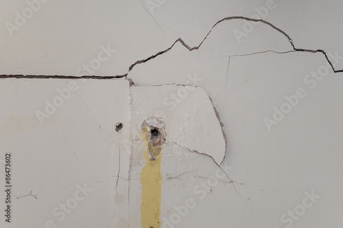 badly damaged interior plasterboard wall with drill holes