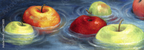 Colorful apples floating on the river basin