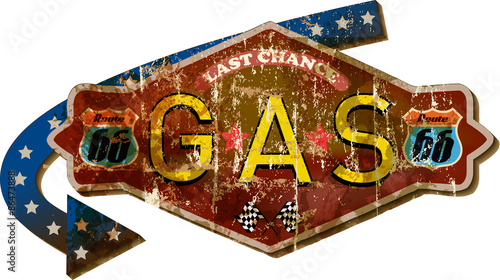 grungy retro route 66 gas station sign, fictional artwork