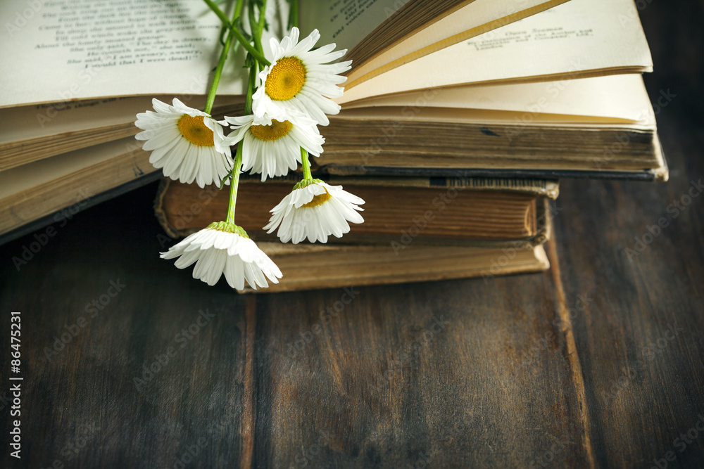 Obraz premium Vintage books and chamomiles on wooden background