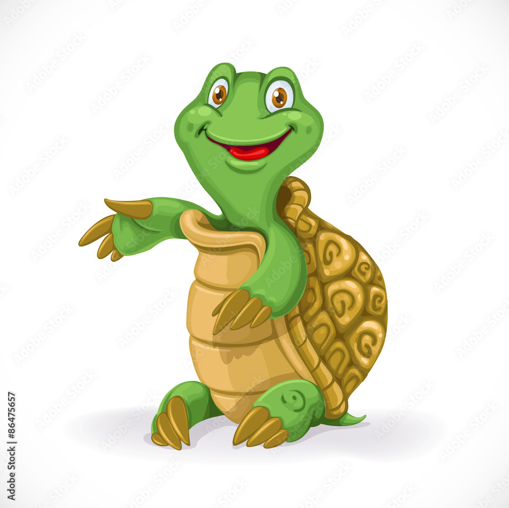 Fototapeta premium Cute cartoon baby turtle sit on floor isolated on white backgrou