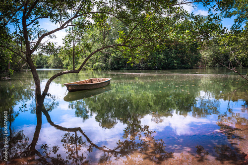 Tranquil Serene Reflections on the island of Pulau Ubin, Singapore. Tropical Beauty Background with Picturesque Copy Space.