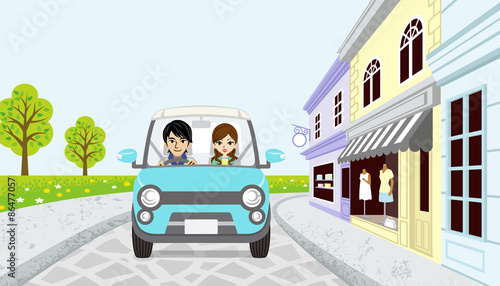 Driving Couple in spring small town