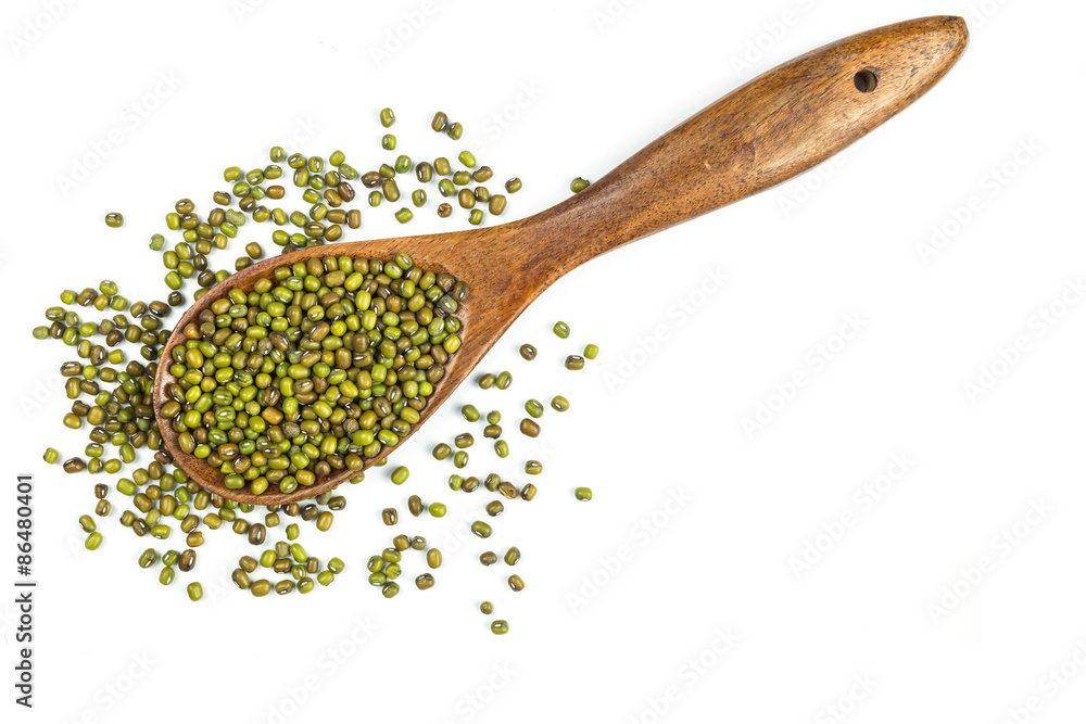 Mung beans in wooden spoon isolated on white Mung beans in wooden spoon isolated on white