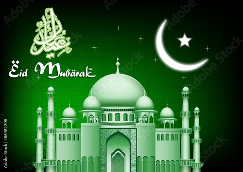 Eid Mubarak moon and star background with mosque 
