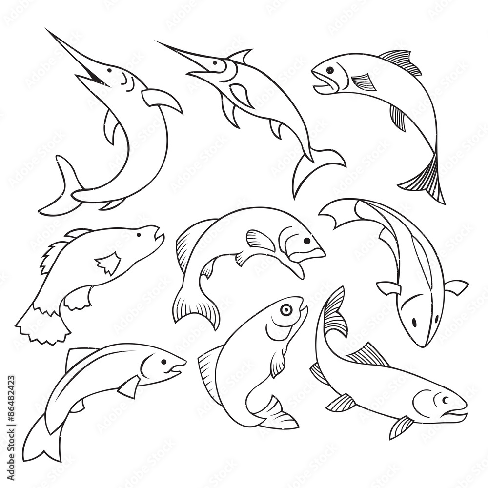 Fototapeta premium Fish Label Stamp Outline