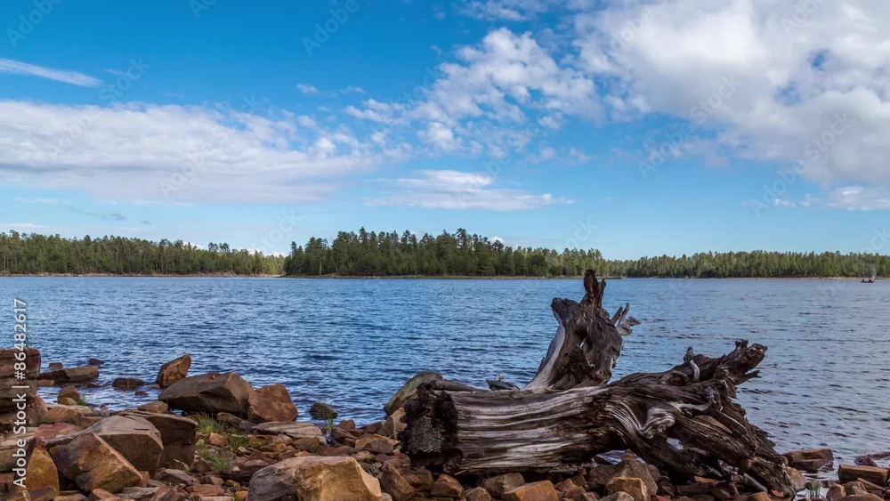 Time Lapse of clouds at the lake with an amazing log at the shore. Time Lapse of clouds at the lake with an amazing log at the shore.
