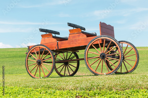 historic carriage on beautiful field and Blue skies 