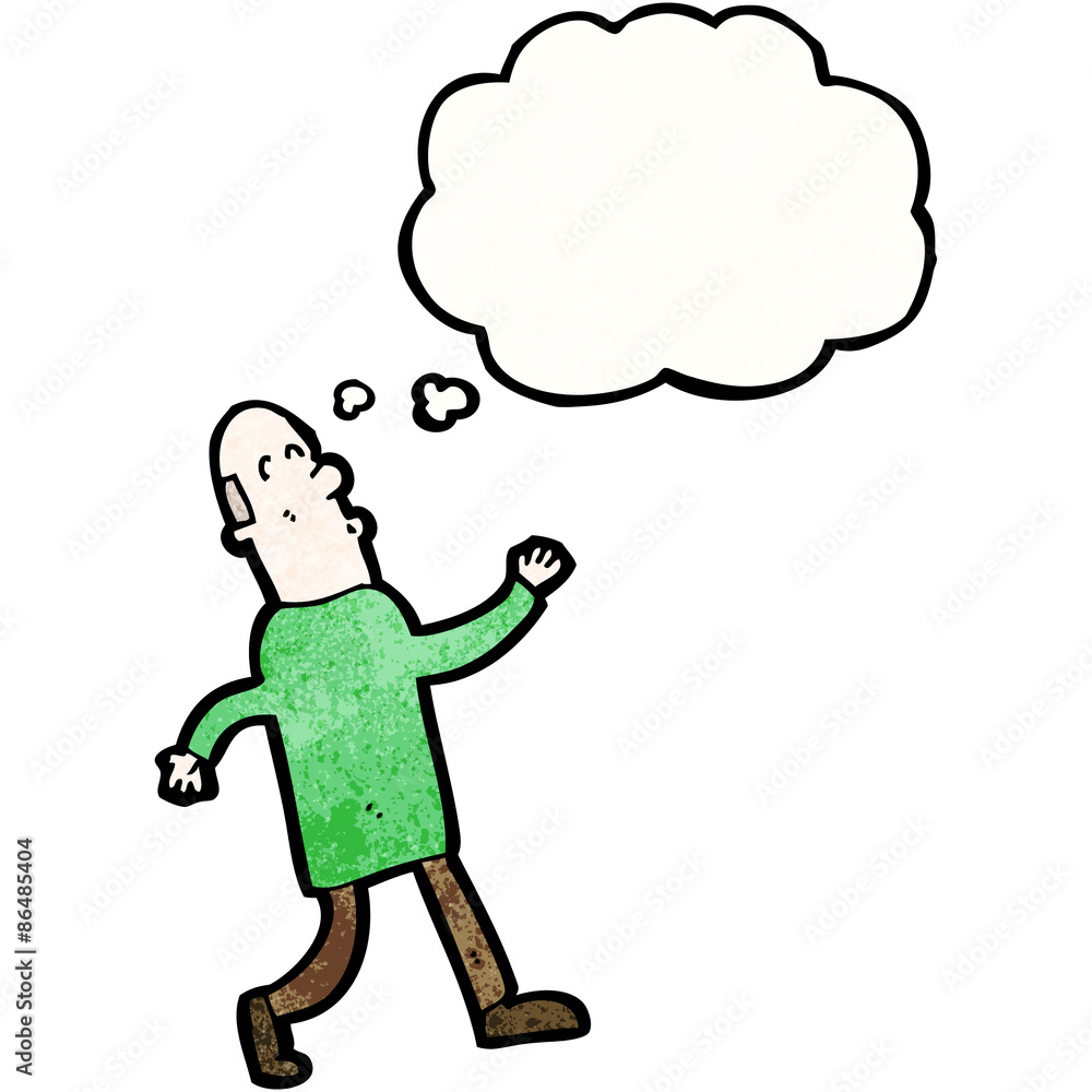 cartoon walking middle aged man with thought bubble