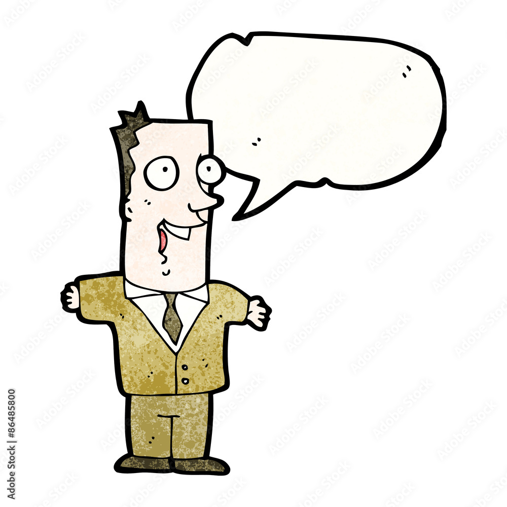 cartoon man in brown suit with speech bubble