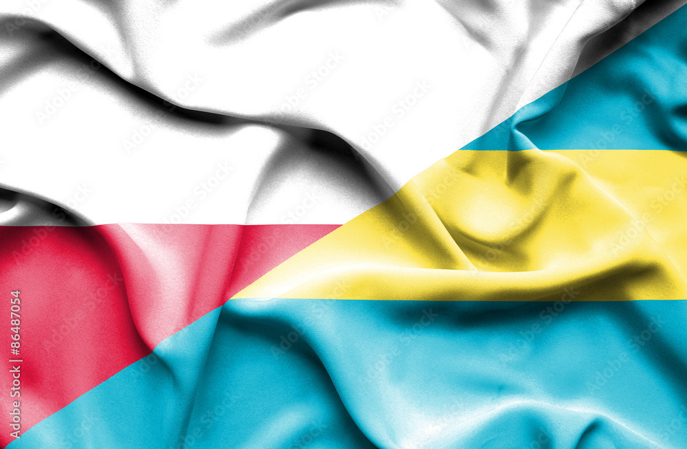 Waving flag of Bahamas and Poland