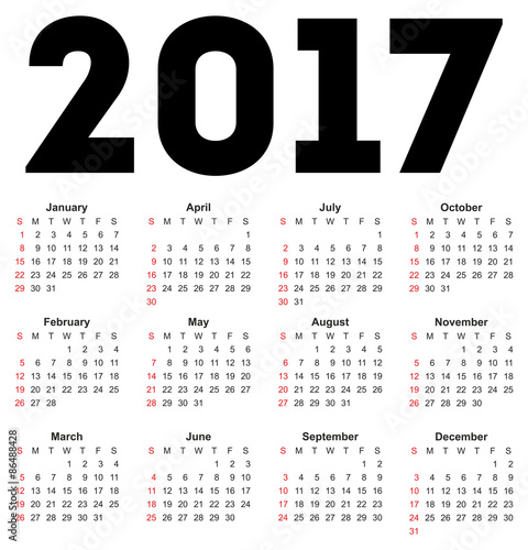 Calendar for 2017 on white background.