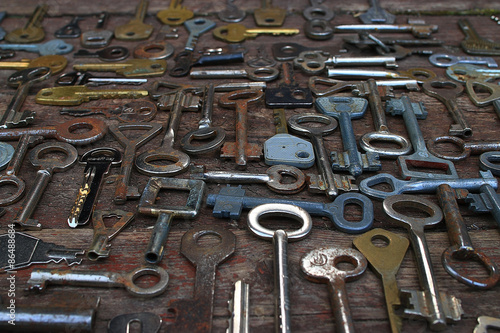 Keys locks wooden background