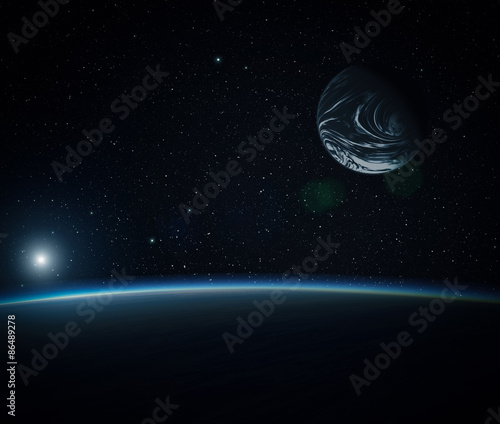 Fototapeta Naklejka Na Ścianę i Meble -  Abstract space background - blue planet with moon.