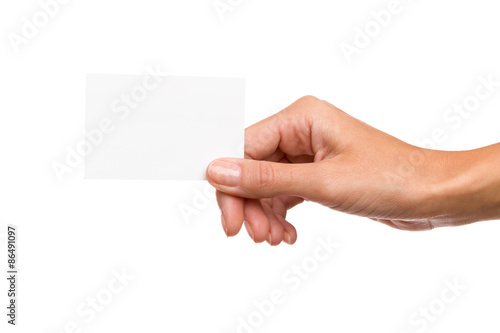 Hand Holding Blank Card. Studio shot isolated on white.
