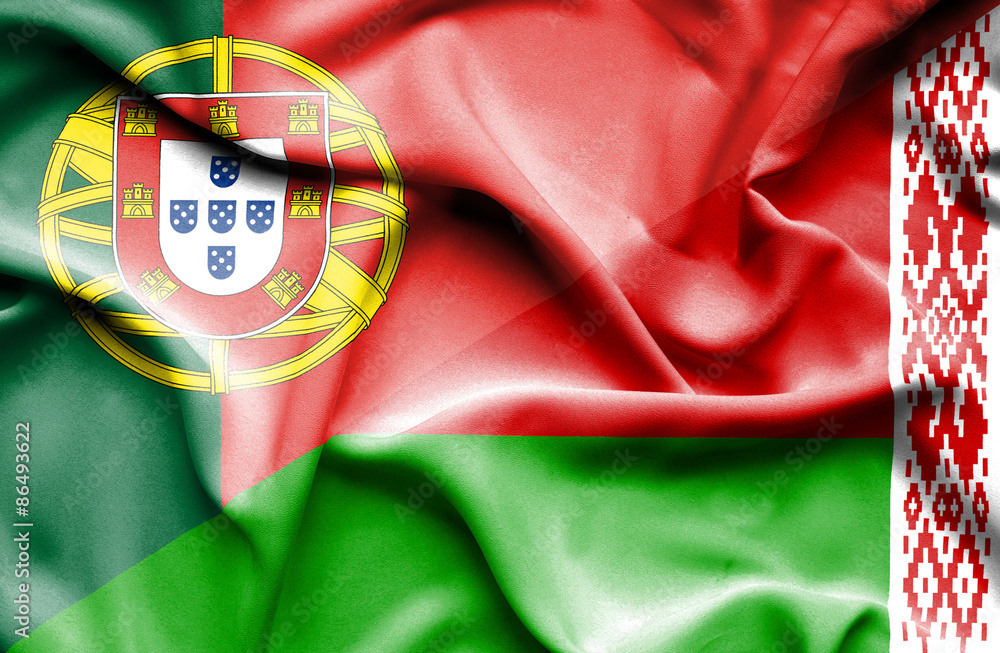 Waving flag of Belarus and Portugal