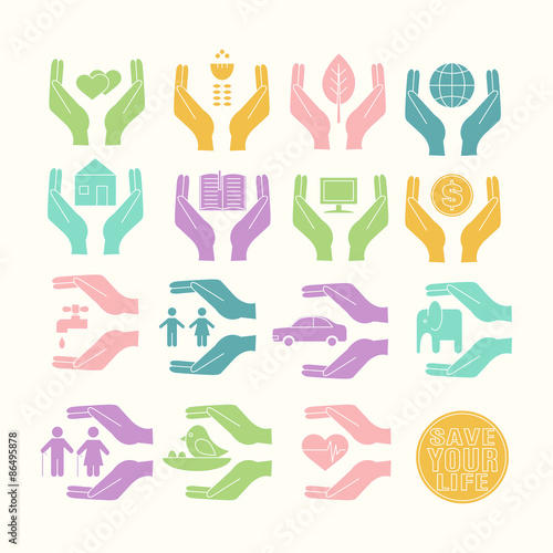 Hand icons saving concept design vector.