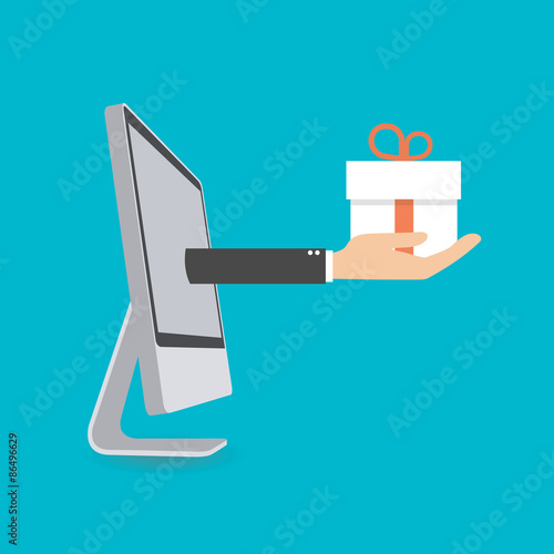 Delivery man hand with gift appeared, vector illustration.