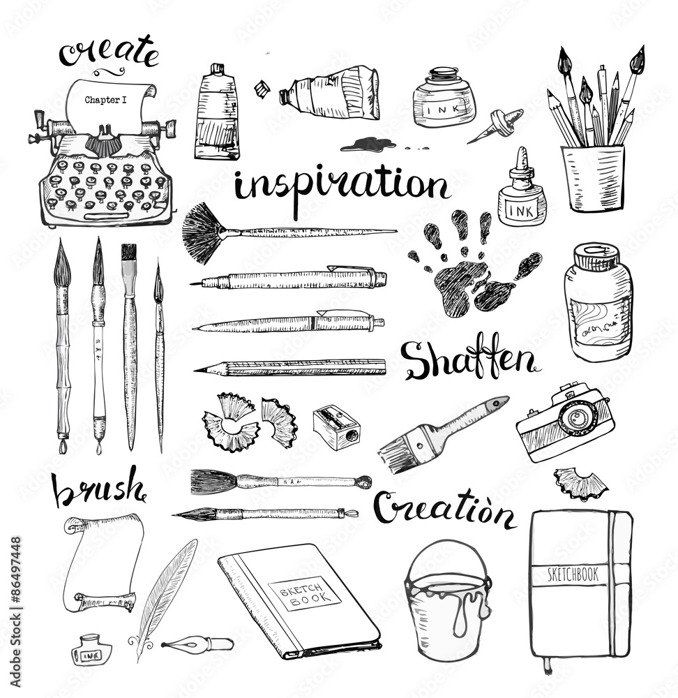 Fototapeta premium Sketches of artist's and writer's tools 