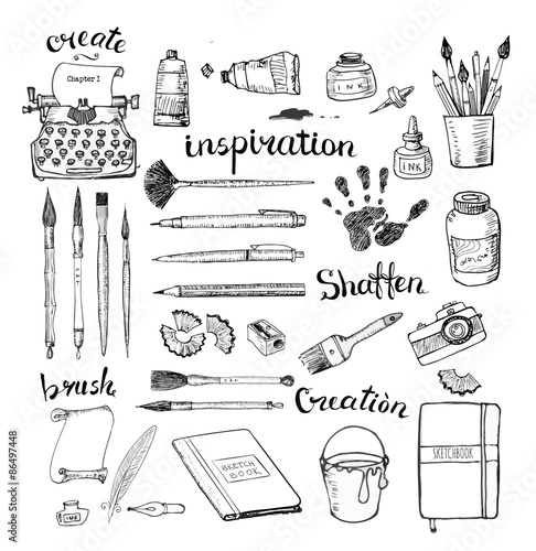 Sketches of artist's and writer's tools 