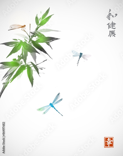 Bamboo branch and three dragonflies