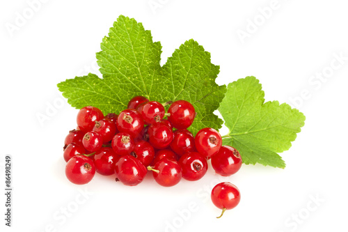 Redcurrant fruit on their leaves isolated