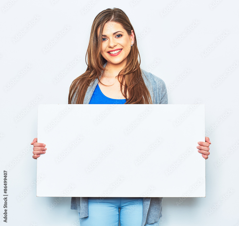 Female model hold white blank business card. Female model hold white blank business card.
